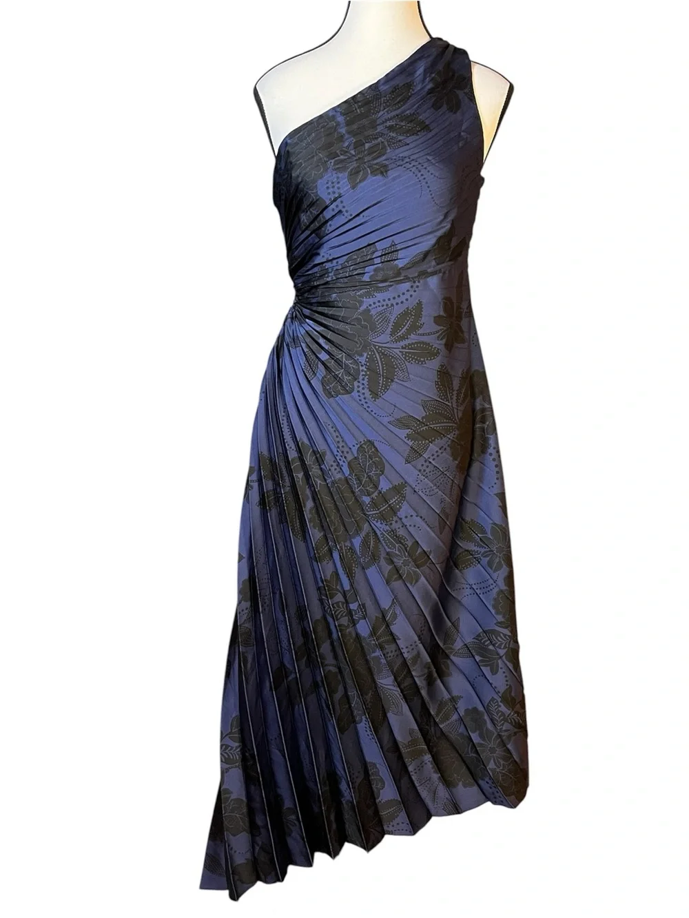 Nicole Miller One Shoulder Pleated Floral Midi Dress Blue Black Size 4 NWT - Picture 2 of 8